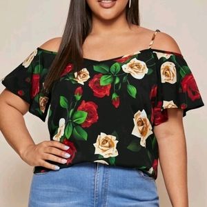 Black, Rose Print Open Shoulder Tank